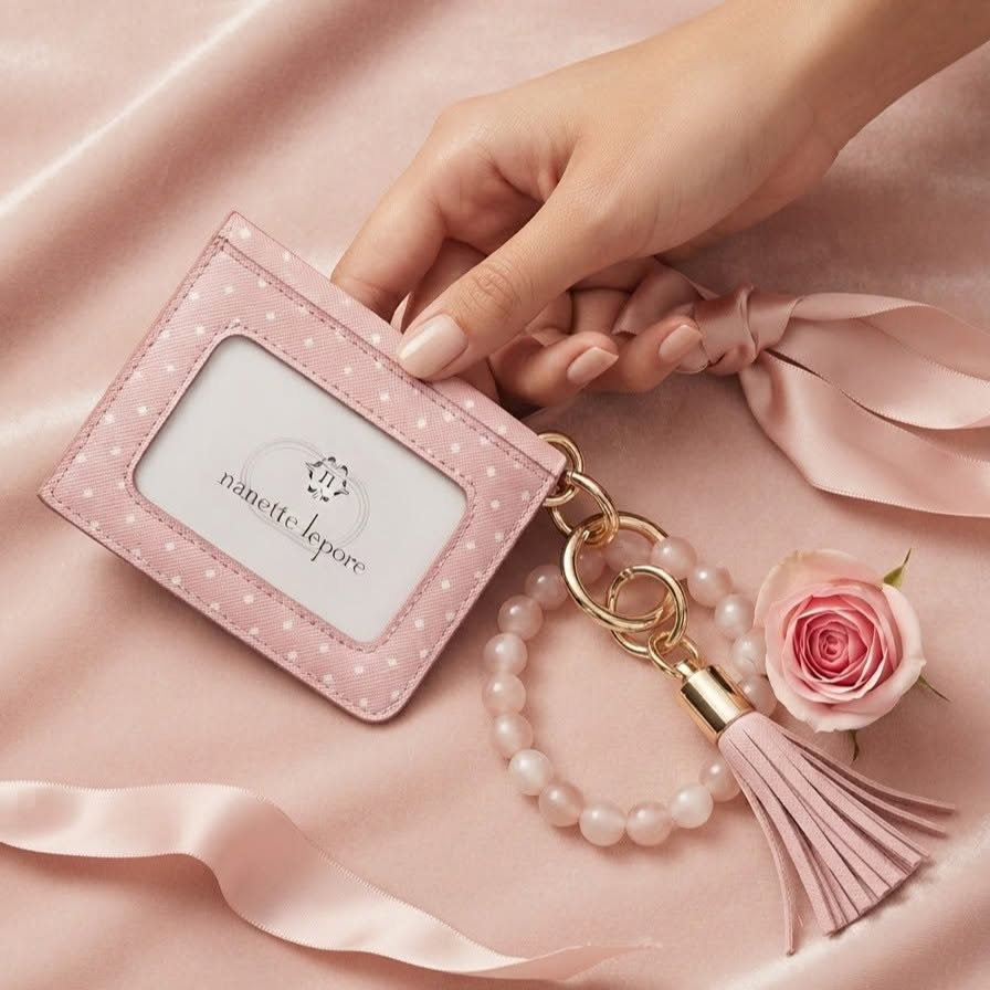 Llavero de cartera con pulsera de cuentas de cuarzo rosa