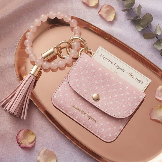 Llavero de cartera con pulsera de cuentas de cuarzo rosa